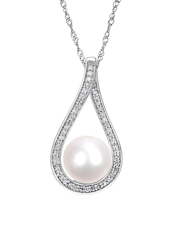 Sonatina Women's 14K White Gold, 9-9.5MM Freshwater Pearl & Diamond Teardrop Pendant Necklace Cover