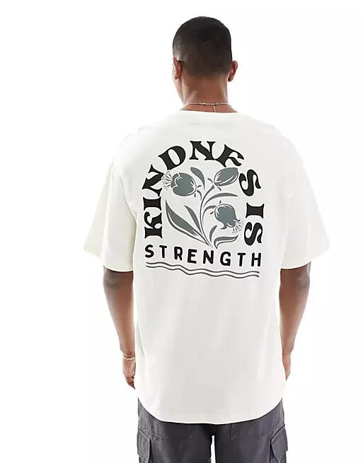 Selected Homme oversized T-shirt with kindness is strength backprint in cream-White Cover