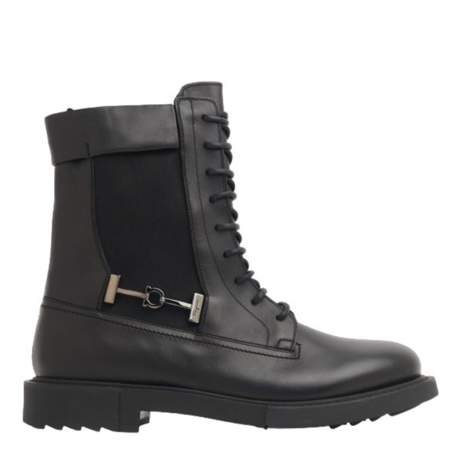 Salvatore Ferragamo Mens Black Leather Combat Boots Cover