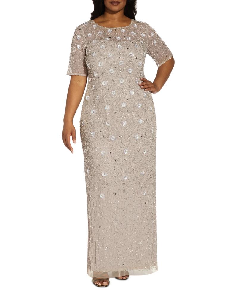 Adrianna Papell Plus Embellished Floral Mesh Gown Cover