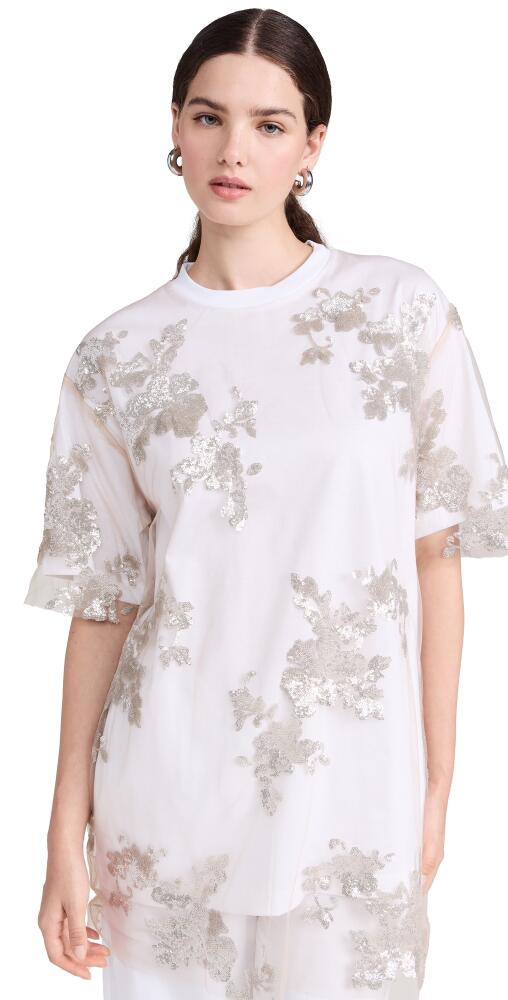 Marques Almeida White Relaxed Fit T-Shirt with Silver Embroidered Tulle Overlayer White/Embroidery Cover