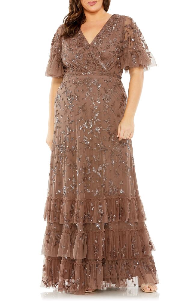 FABULOUSS BY MAC DUGGAL Sequin Floral Flutter Sleeve Gown in Chocolate Cover