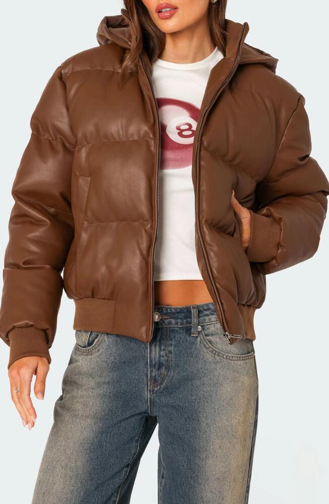 EDIKTED Wintry Faux Leather Hooded Puffer Jacket in Brown Cover