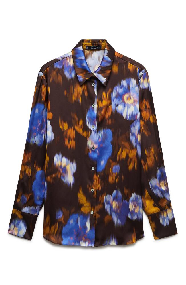 MANGO Print Satin Button-Up Shirt in Brown Cover