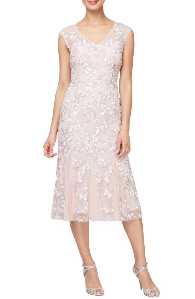 Alex Evenings Sequin Embroidered V-Neck Midi A-Line Dress in Shell Pink Cover