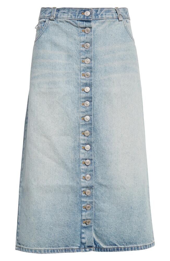 Courrèges Multiflex Button Front Nonstretch Denim Midi Skirt in Light Blue Wash Cover