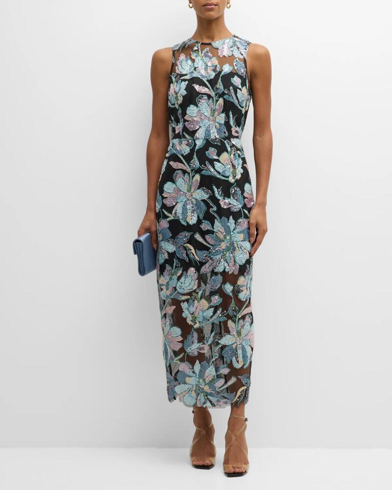 Milly Kinsley Sleeveless Floral Sequin Maxi Dress Cover