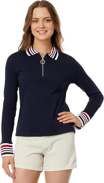 Tommy Hilfiger Long Sleeve 1/4 Zip Polo (Sky Captain) Women's Clothing Cover