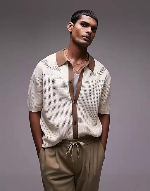 Topman relaxed embroidered knitted shirt in stone-Neutral Cover