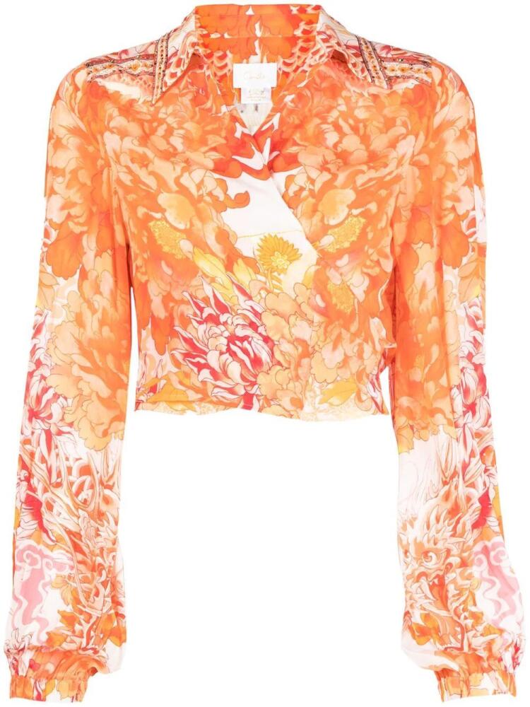 Camilla floral-print silk wrap shirt - Orange Cover