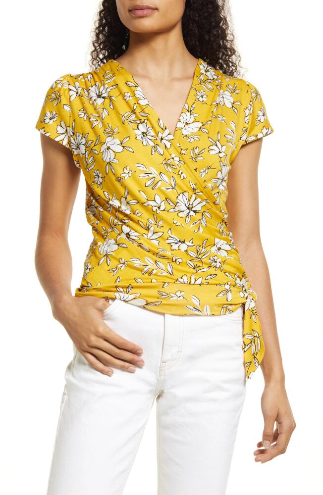 Loveappella Floral Print Faux Wrap Top in Sunflower Cover