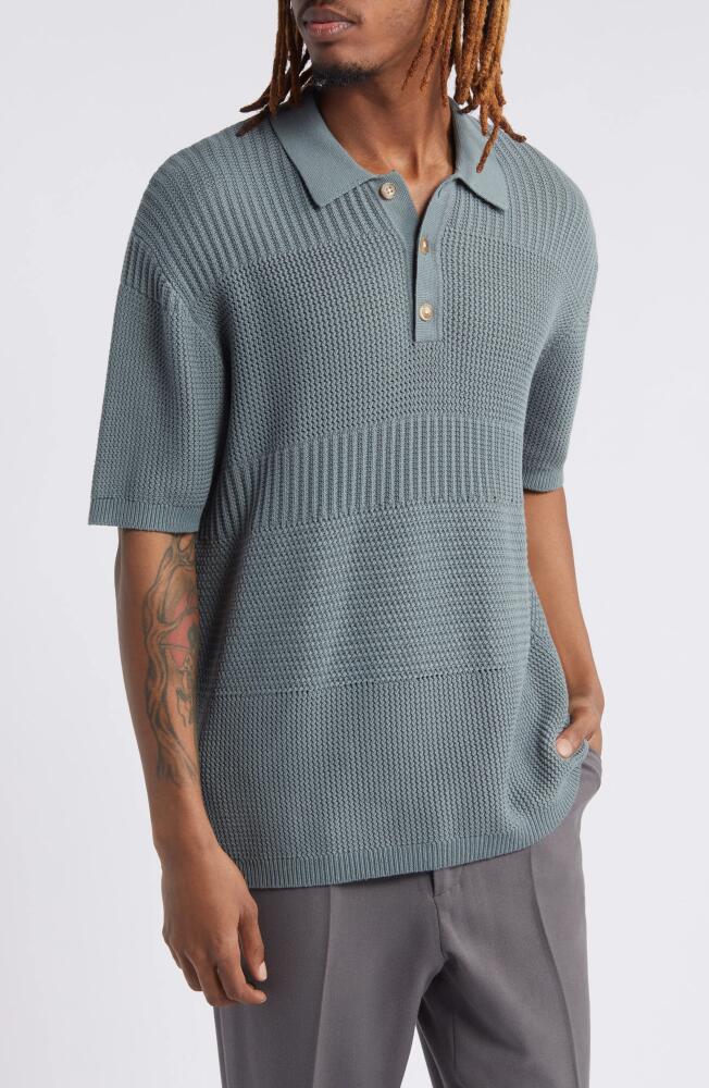 Topman Textured Panel Cotton Polo Sweater in Sage Cover