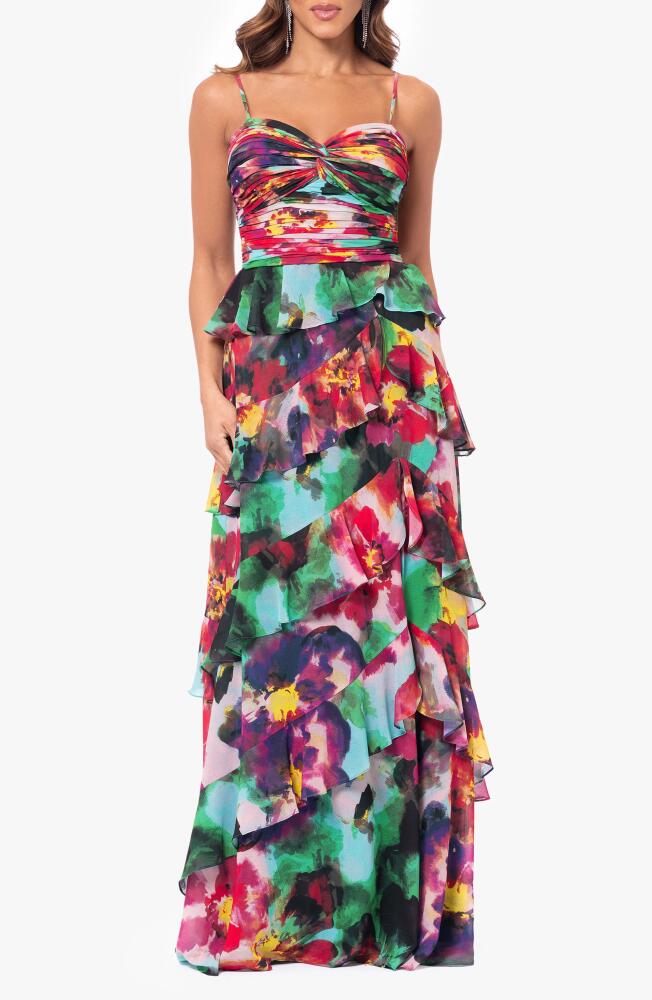 Xscape Evenings Tiered Ruffle Sleevless Gown in Green/Multi Cover