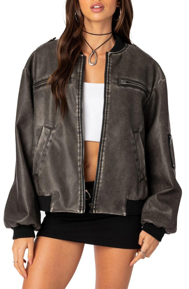 EDIKTED Vava Washed Faux Leather Bomber Jacket in Gray-Washed Cover