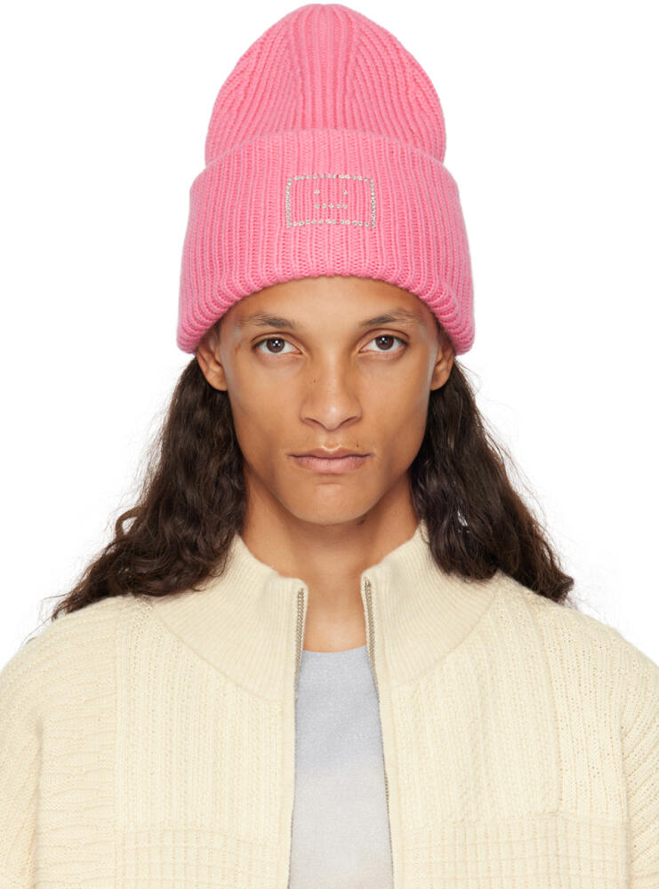 Acne Studios Pink Embellished Face Logo Beanie Cover