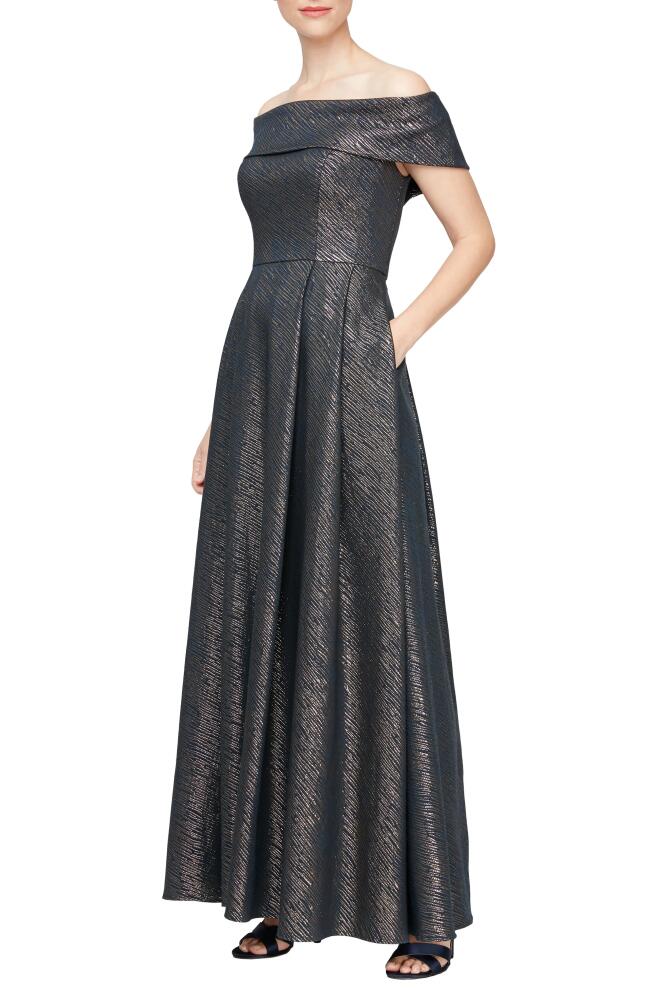 Alex Evenings Metallic Off the Shoulder Ballgown in Navy Gold Cover