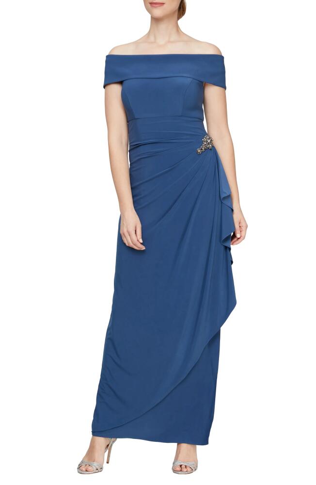 Alex Evenings Embellished Off the Shoulder Column Gown in Wedgewood Cover