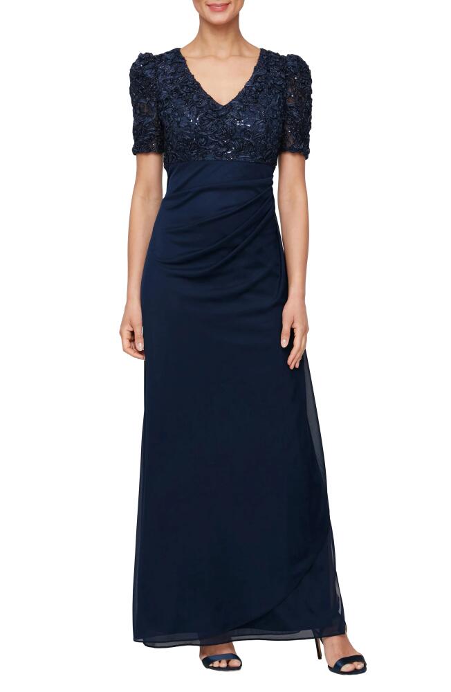 Alex Evenings Embellished Short Sleeve Empire Waist Gown in Navy Cover