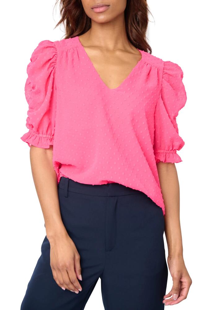 GIBSONLOOK Clip Dot Ruched Sleeve Chiffon Top in Bright Pink Rose Cover