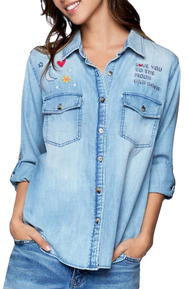 Billy T To the Moon & Back Embroidered Denim Graphic Button-Up Shirt Cover