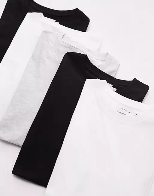 Topman 5 pack regular essentials t-shirt in black, white and heathered ice gray-Multi Cover