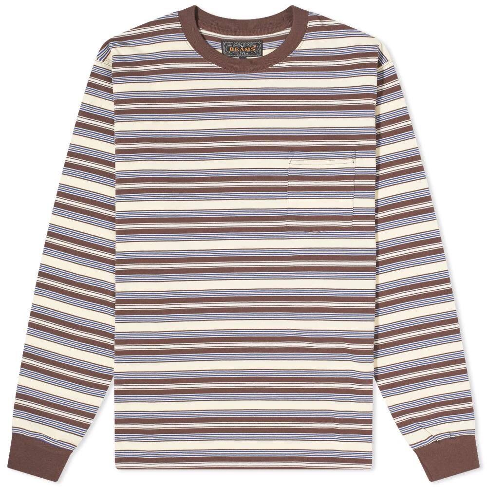 Beams Plus Men's Long Sleeve Multi Stripe Pocket T-Shirt in Brown Cover