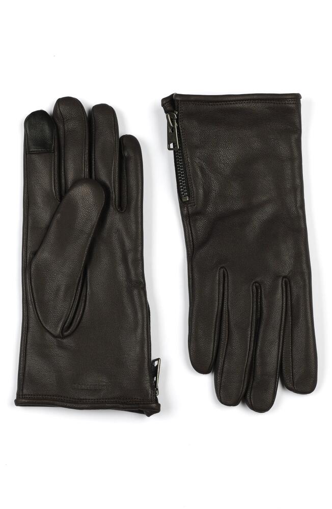 AllSaints Zip Leather Gloves in Bitter Brown/Gunmetal Cover