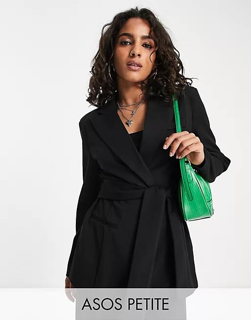 ASOS DESIGN Petite jersey belted suit blazer in black Cover