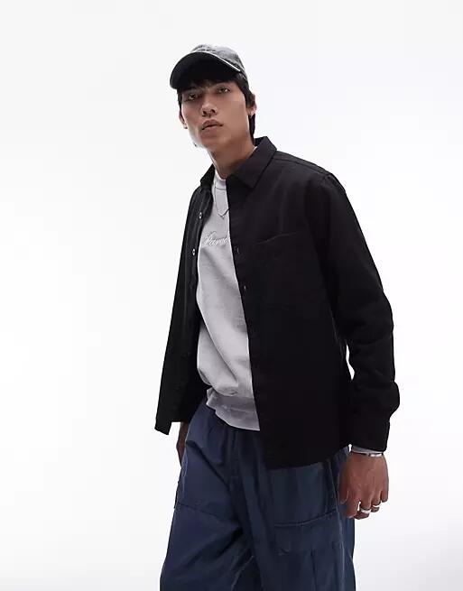 Topman long sleeve button up twill overshirt in black Cover