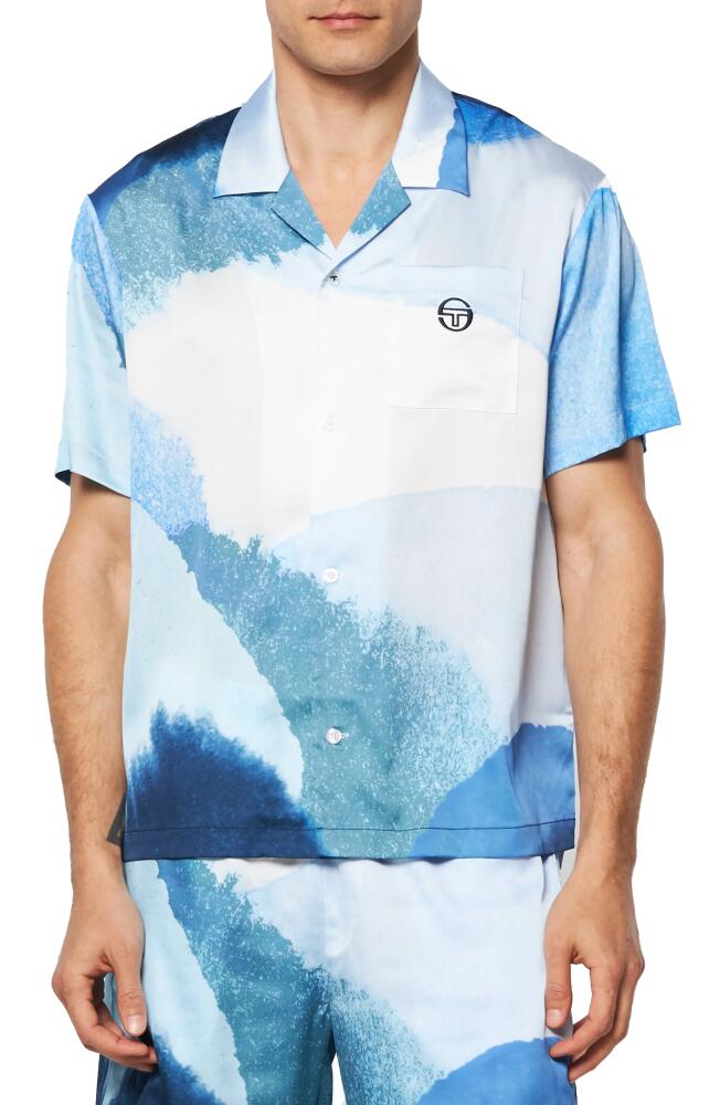 Sergio Tacchini Spiagga Cabana Crêpe de Chine Satin Camp Shirt in Maritime Blue Multi Cover