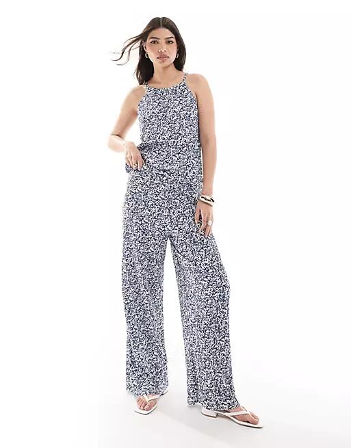 JDY pull on wide leg plisse pants in white & blue abstract print - part of a set Cover