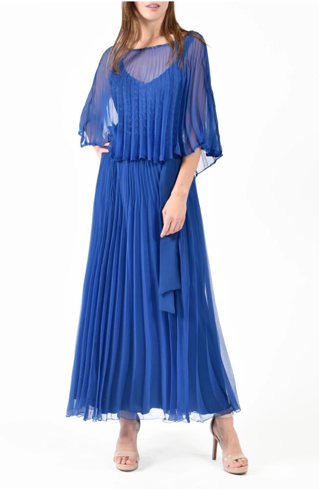 Komarov Sunburst Pleated Chiffon Blouson Midi Dress in Navy Cover