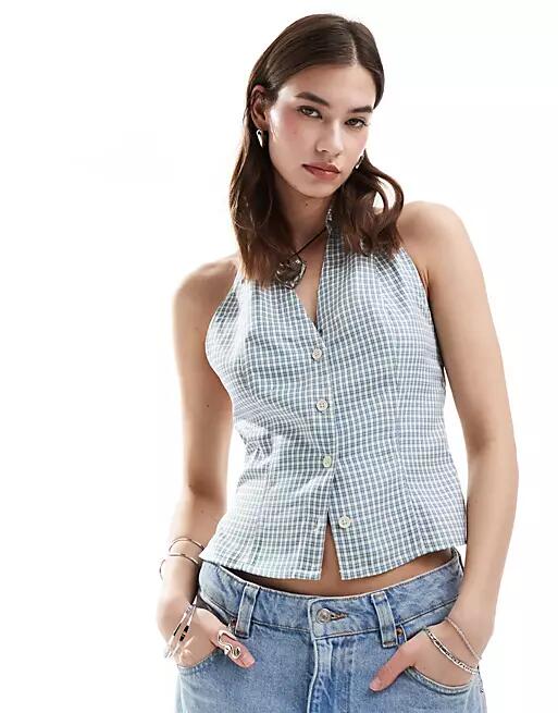 Reclaimed Vintage halter top in blue gingham-Multi Cover