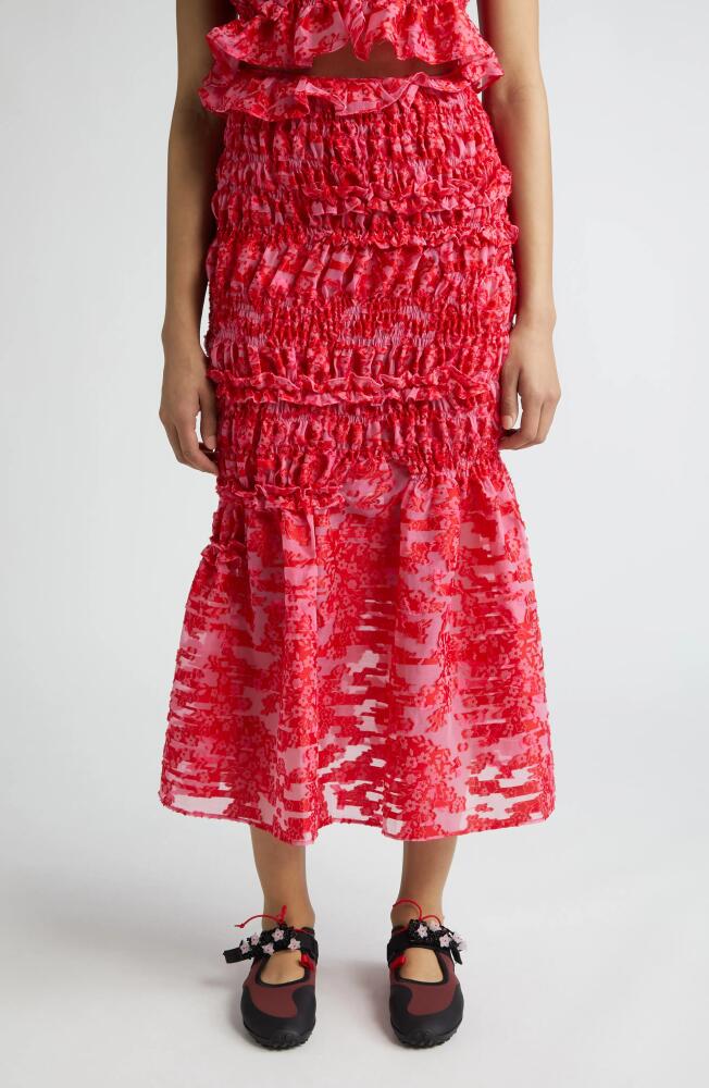 Cecilie Bahnsen Vianca Smocked Fil Coupé Midi Skirt in Magenta /Red Cover