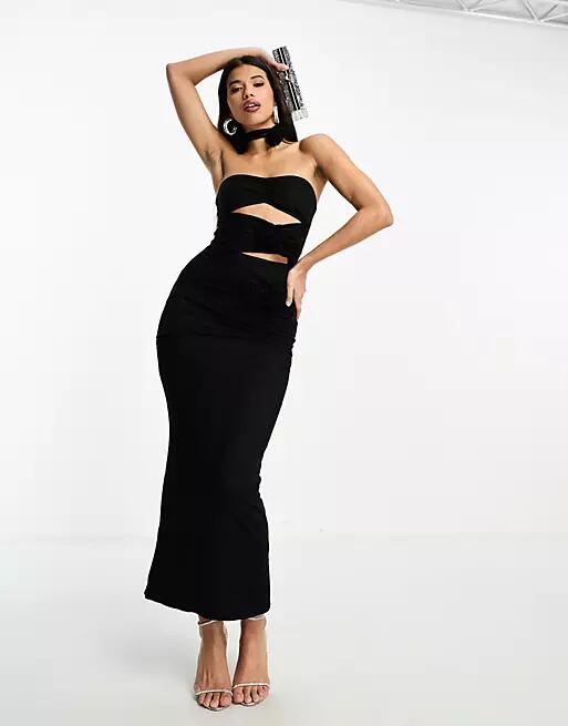 SIMMI bandeau cut out maxi dress with corsage flower detail in black Cover