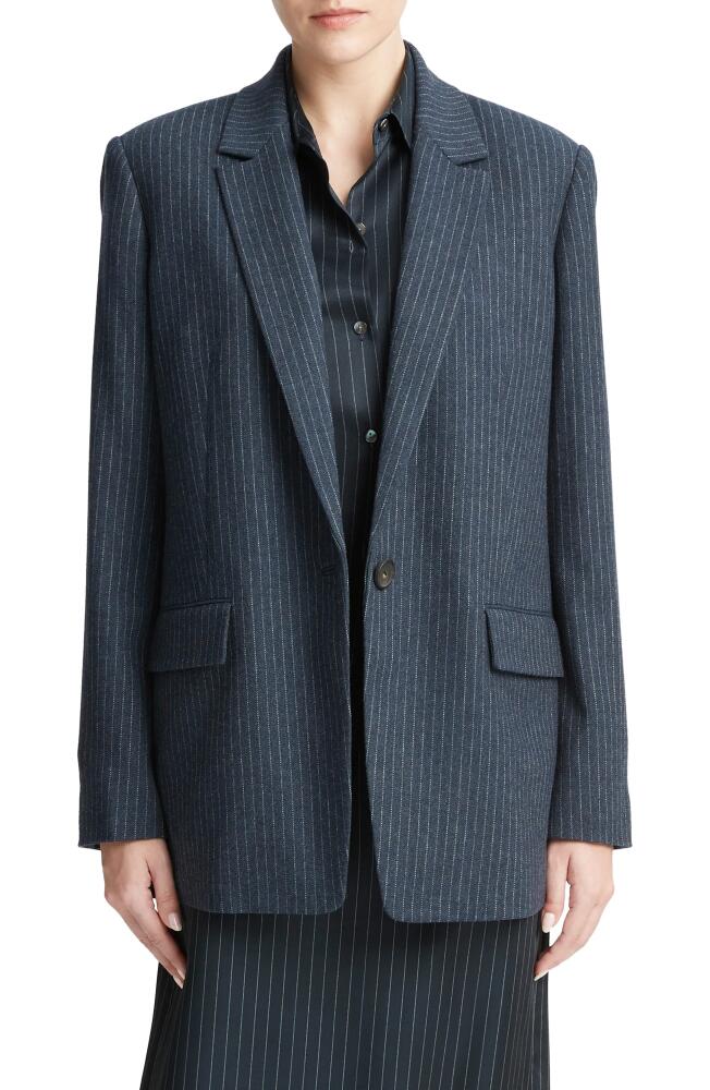 Vince Pinstripe Wool Blend Flannel Blazer in Dark Obsidian/Silver Cover