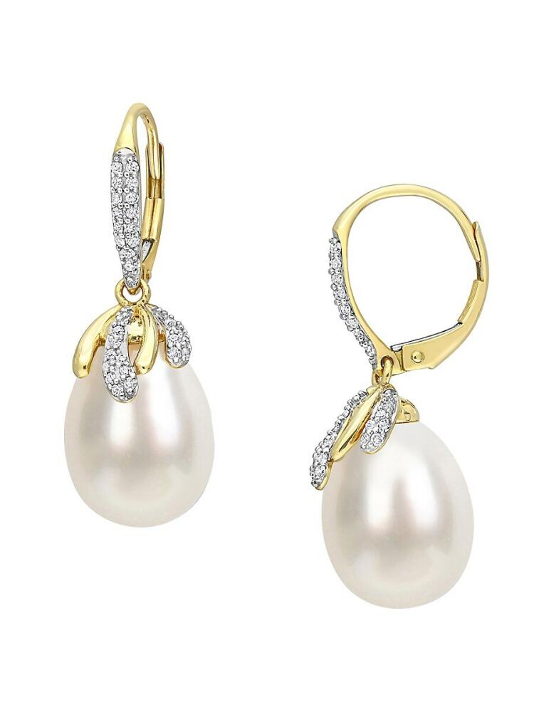 Sonatina Women's 14K Yellow Gold, 9-10MM South Sea Pearl & Diamond Drop Earrings Cover