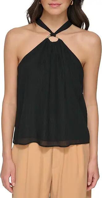 DKNY Sleeveless Crinkle Rayon Crossover Blouse (Black) Women's Clothing Cover