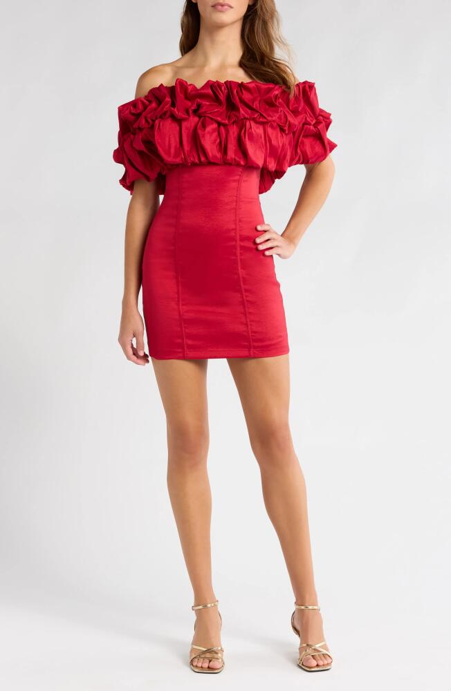 NASTY GAL Ruffle Off the Shoulder Taffeta Minidress in Dark Red Cover