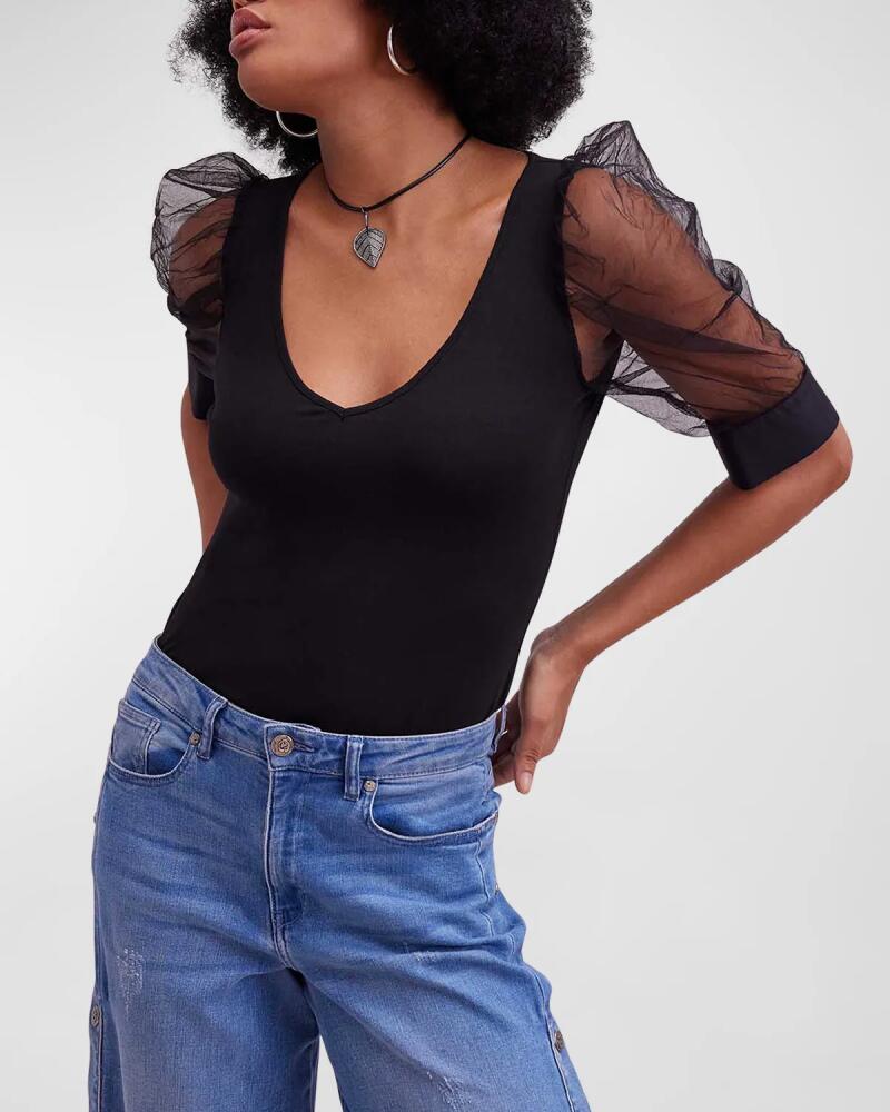 Anne Fontaine Aerial Sheer Puff-Sleeve V-Neck T-Shirt Cover