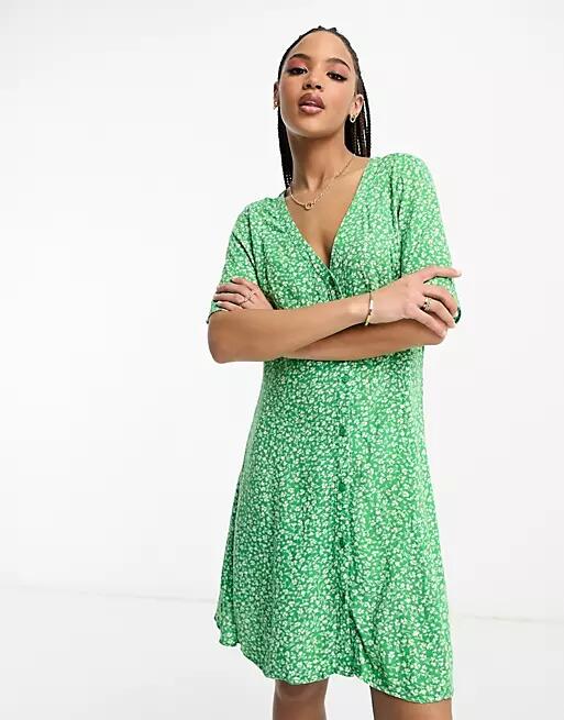 Monki button up mini dress in green meadow floral-Multi Cover