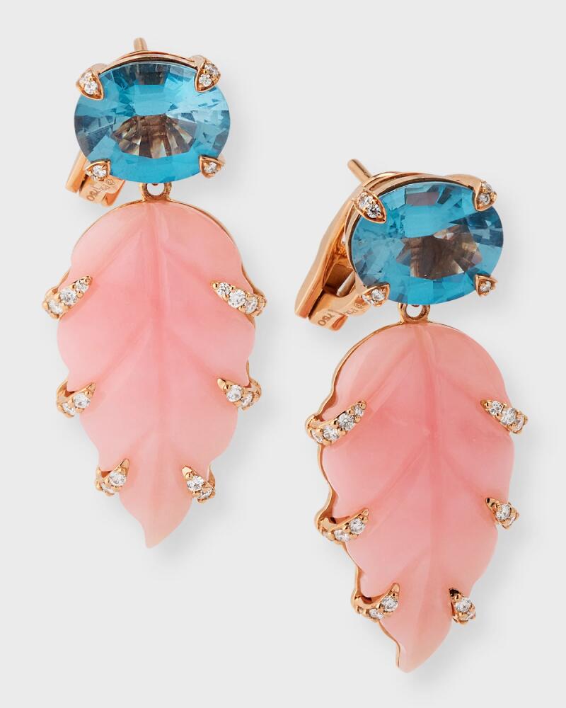 Piranesi 18K Rose Gold Oval Blue Topaz, Carved Pink Opal and Round Diamond Earrings Cover