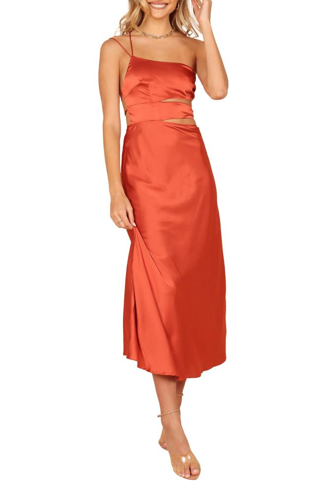 Petal & Pup Forelle One-Shoulder Satin Dress in Rust Cover