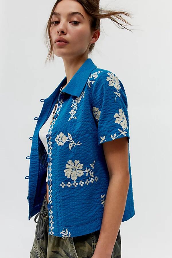 BDG Souvenir Applique Seersucker Shirt Top in Blue Cover