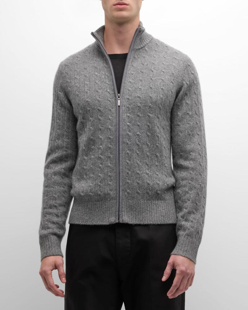 Neiman Marcus Men's Cable-Knit Cashmere Full-Zip Sweater Cover