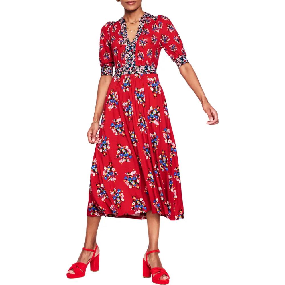 Boden Lily Floral Short Sleeve Dress in Ruby Poppy Bouquet Cover