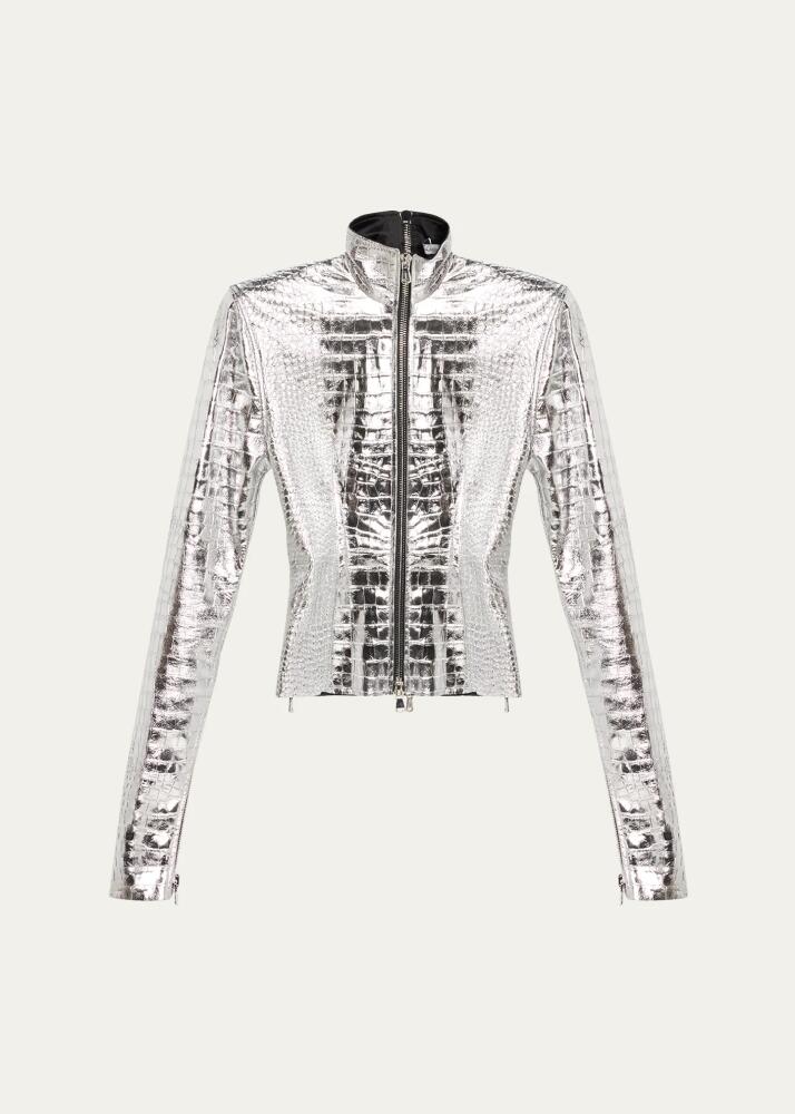 LaQuan Smith Metallic Croc-Embossed Leather Jacket Cover