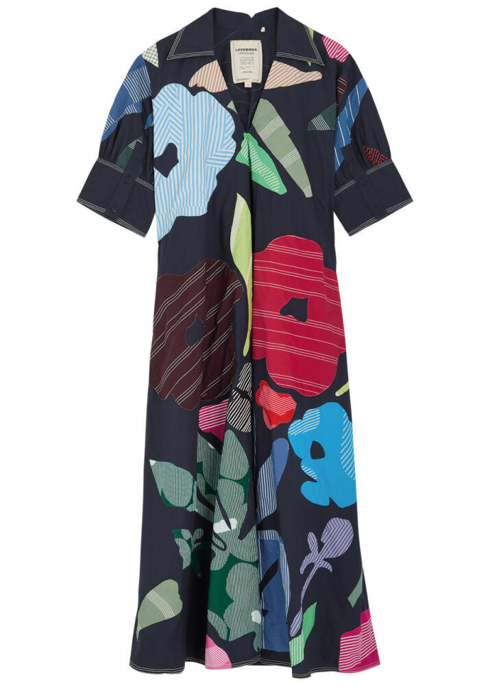 Lovebirds Printed Appliquéd Cotton Maxi Dress - Navy Cover