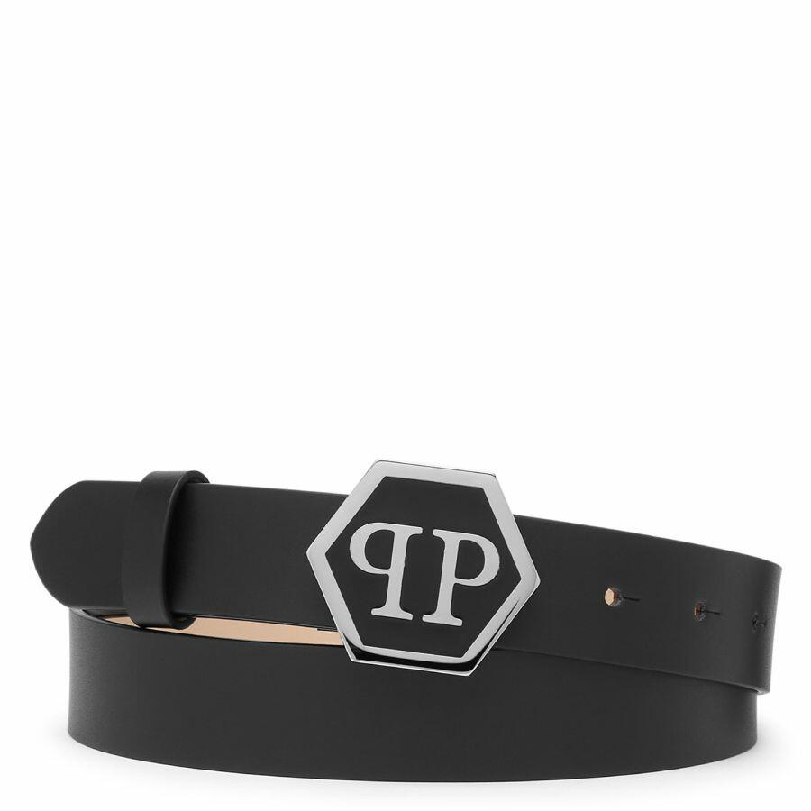 Philipp Plein Hexagonal Logo Buckle Leather Belt In Black Cover