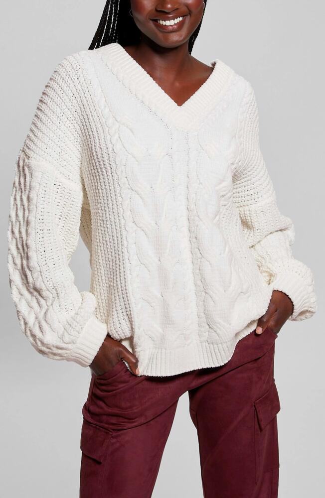 GUESS Aki Cable Knit Cardigan in Dove White Cover